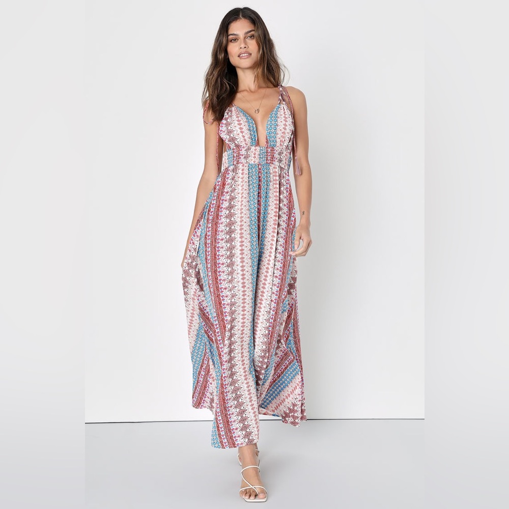 LuLu’s Maxin' Relaxin' Blue Multi Print Sleeveless Tie-Strap Maxi Dress
